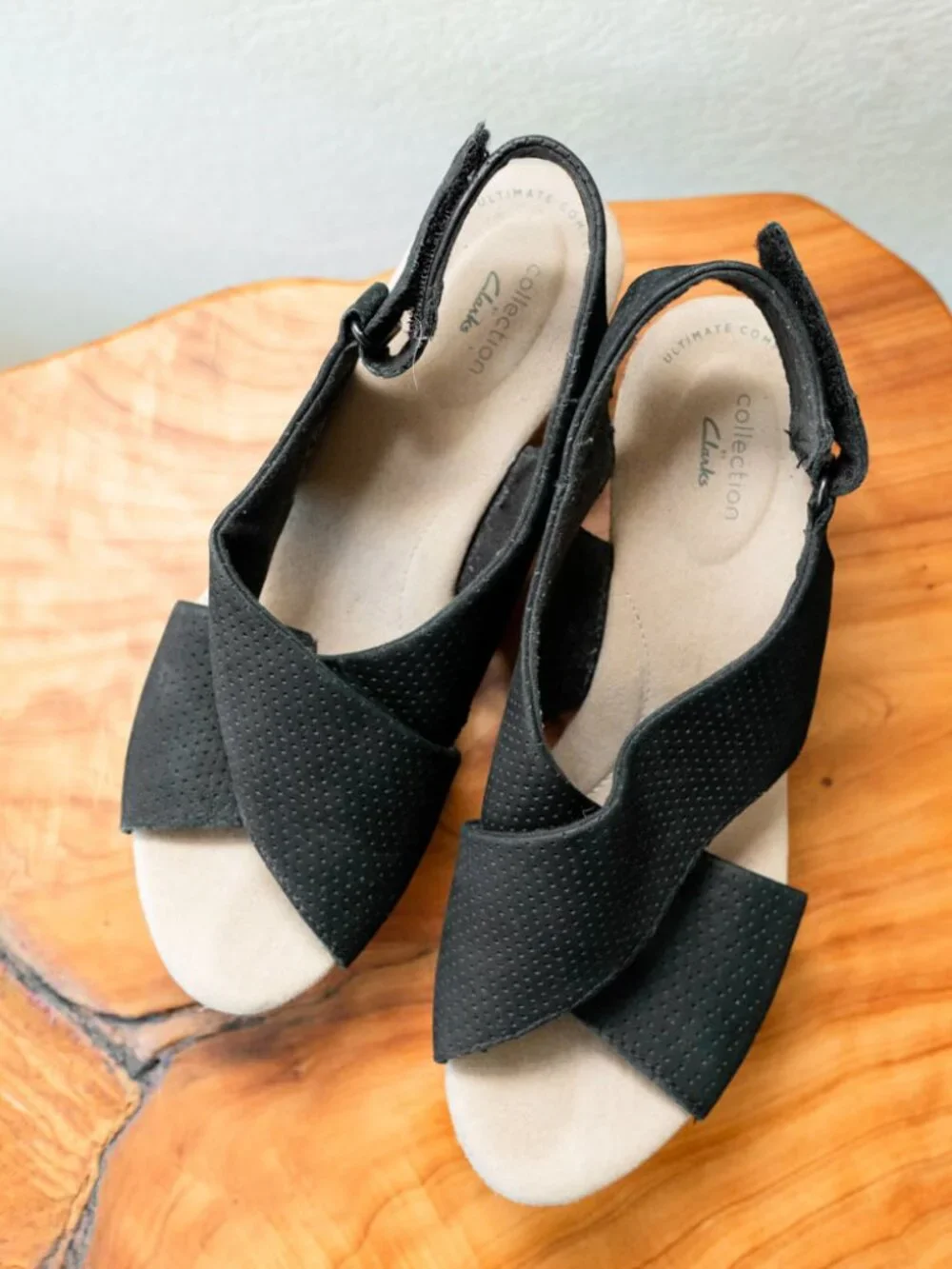 Clarks Annadel Parker Black Open Toe Cork Wedge Sandals Comfort Shoes Sz 9